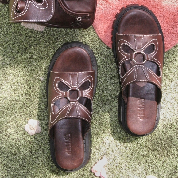 Dolls Kill Shoes - Dolls Kill Brown Butterfly Cut-Out Feeling Good Chunky Platform Slides Y2K 2000s